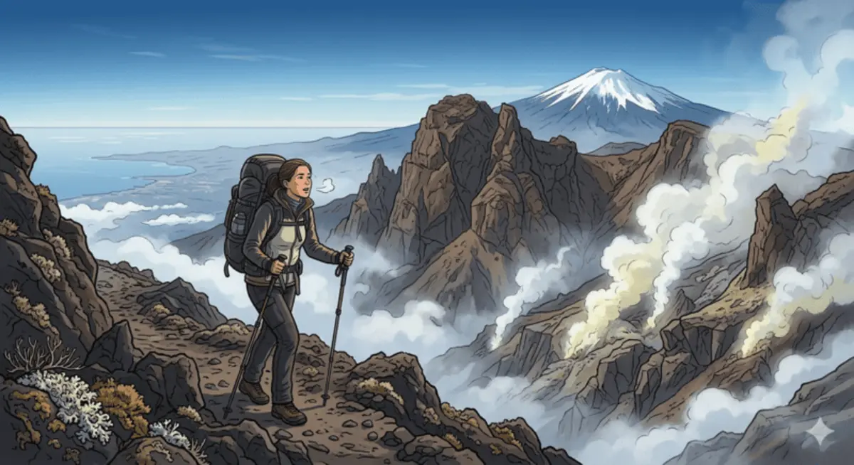 Hiker at high altitude on Mount Etna with volcanic fumaroles and clouds below