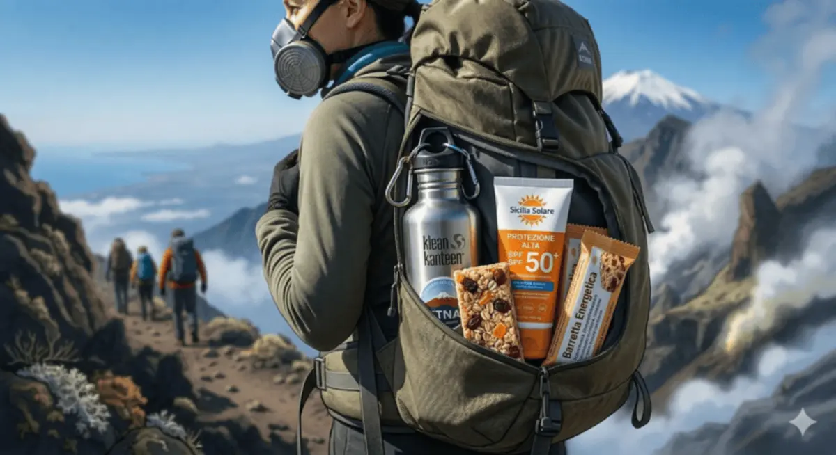 Backpack with water bottle, sunscreen and energy snacks prepared for Etna hike