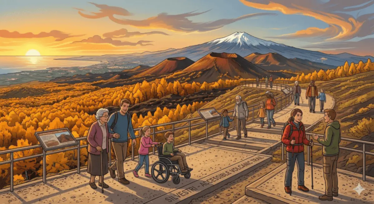 Diverse group of hikers on Mount Etna viewing platform enjoying the panoramic view