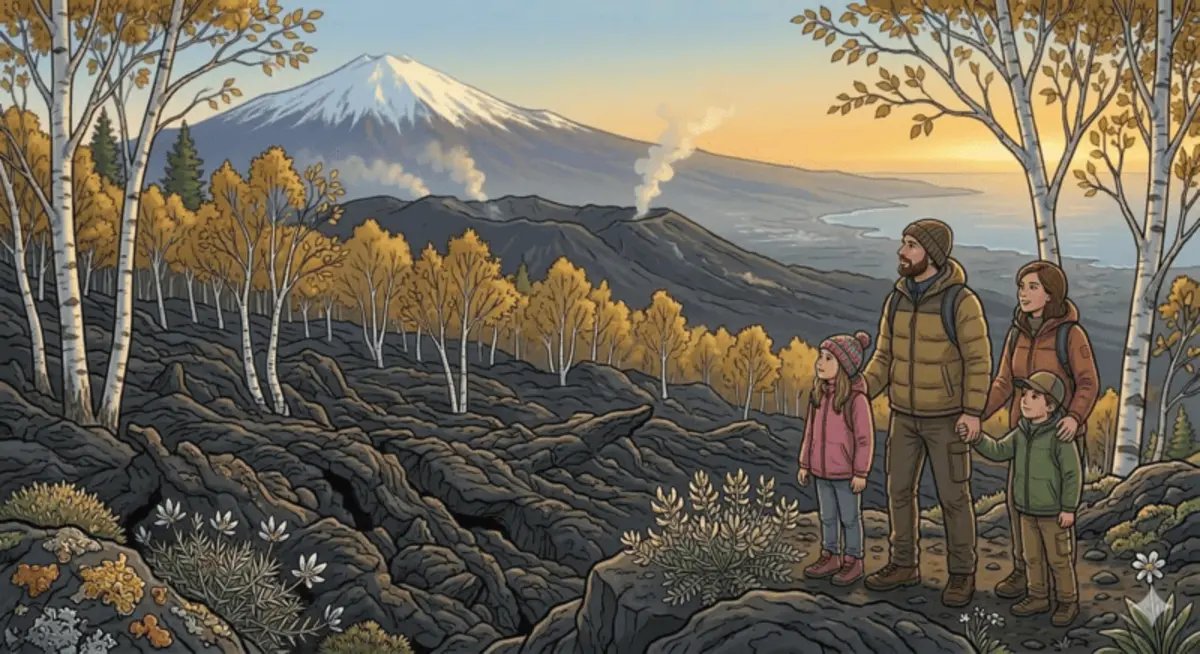 Weiße Ätna-Birken auf schwarzer Lava wachsend