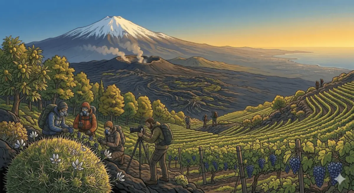 Vegetationszonen an den Hängen des Ätna mit Weinbergen und Kastanienhainen