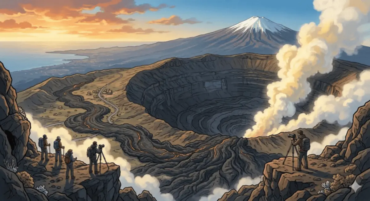 Panoramablick auf die Ätna-Krater und das Valle del Bove mit Wanderern