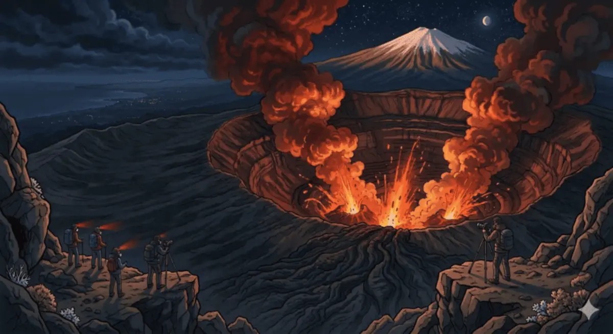 Strombolianische Eruption bei Nacht am Ätna mit Fotografen